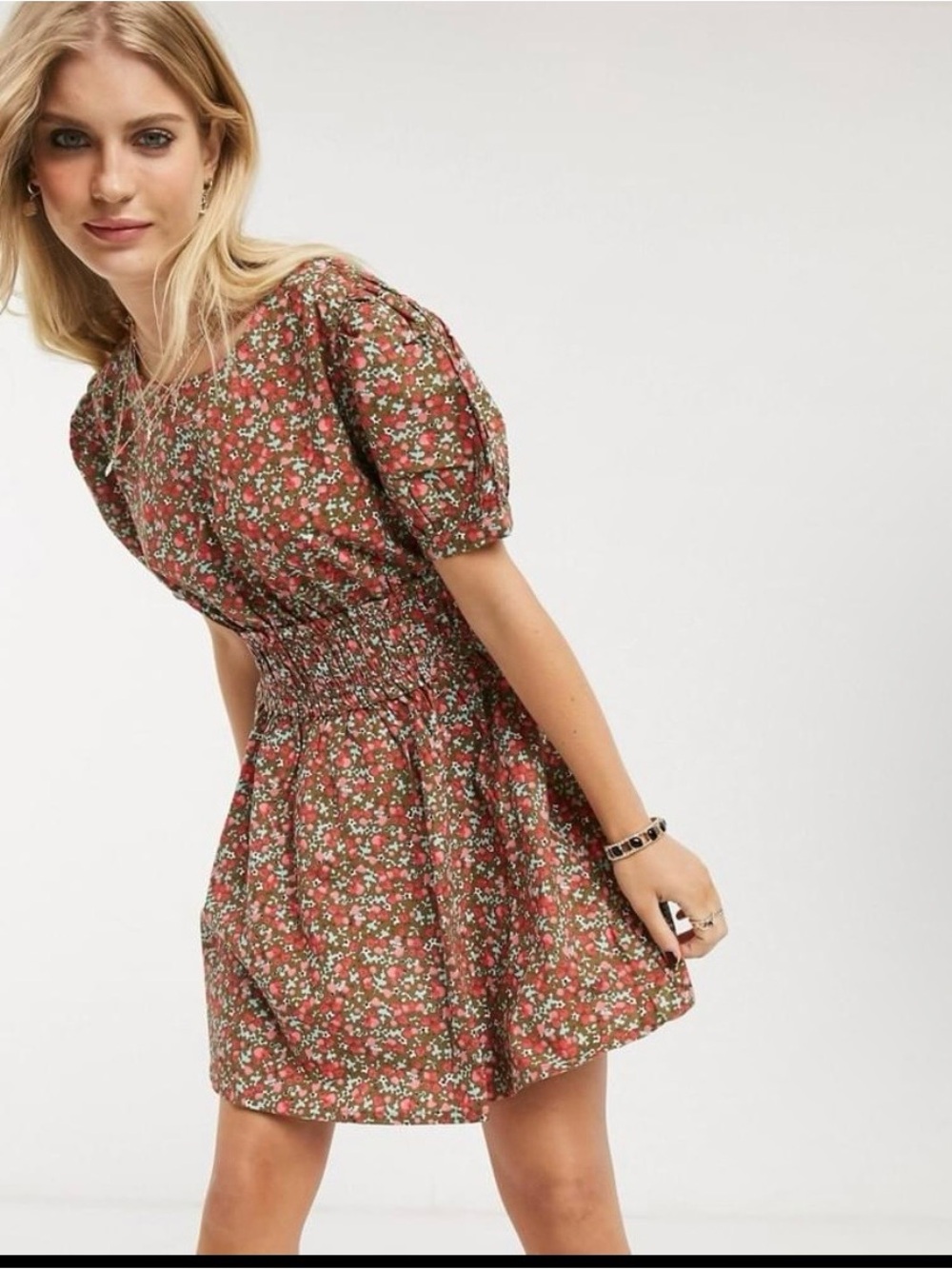New Free People Sz XS Pennie Floral Shirred Waist Puff Sleeve Mini Dress Floral